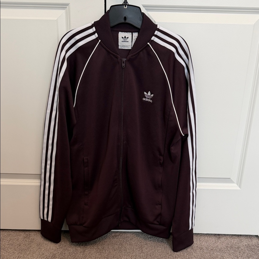 adidas Men's Dark Maroon Track Jacket with White Stripes